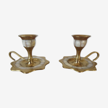 Pair of brass and mother-of-pearl candlesticks