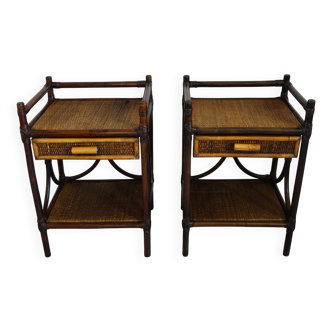 Pair of bedside tables in rattan and woven wicker from the 70s
