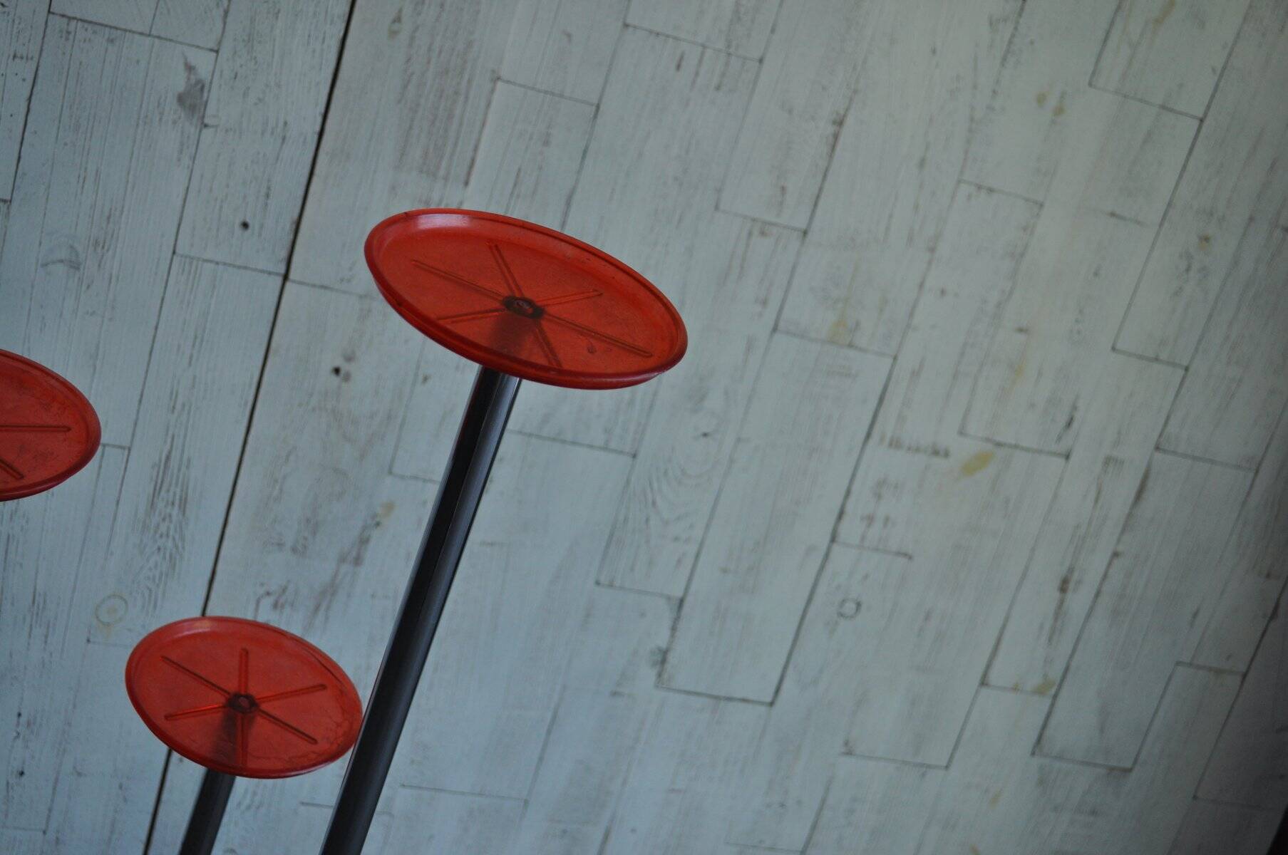 Support for plants, chrome Bauhaus with red plastic trays, 1940s, Czech Republic.