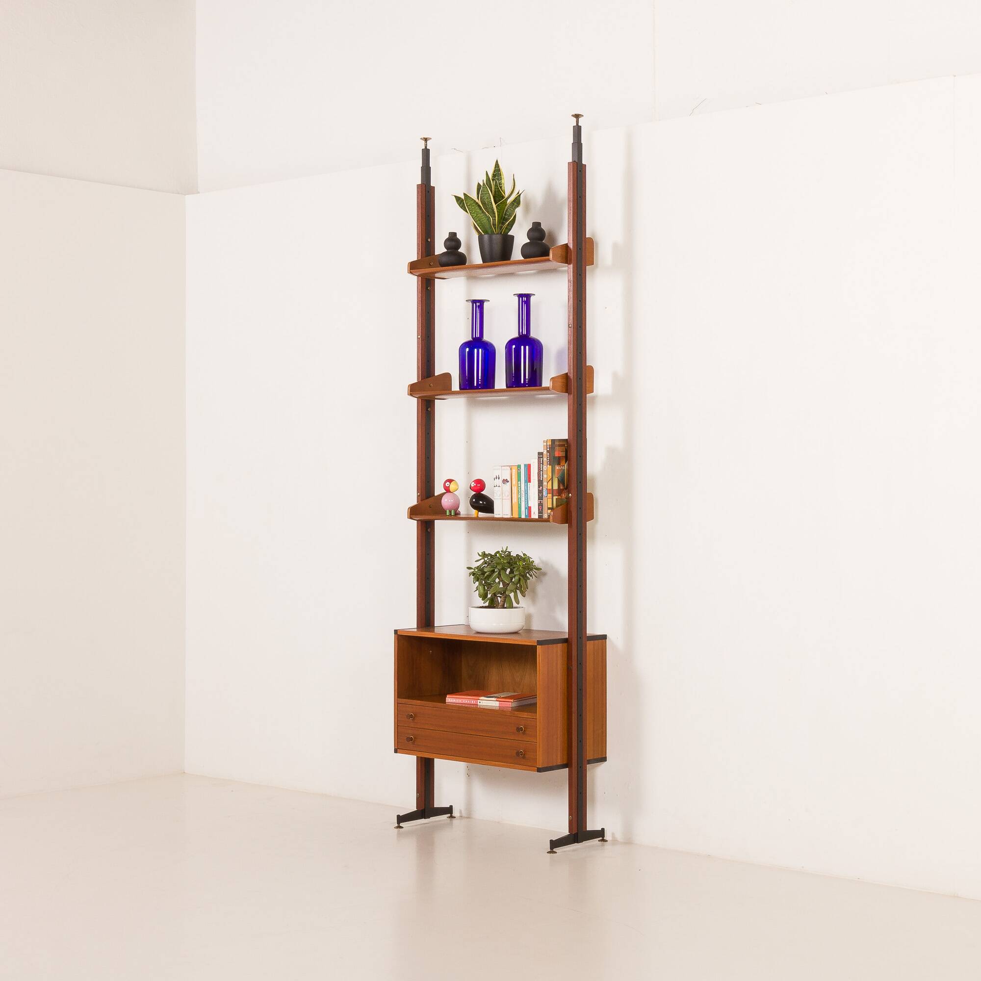 Italian floor to ceiling wall unit or room divider in teak, 1960s