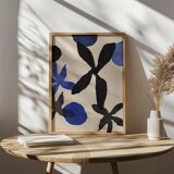 Painting on paper 30x40cm illustration of blue and black flowers signed eawy