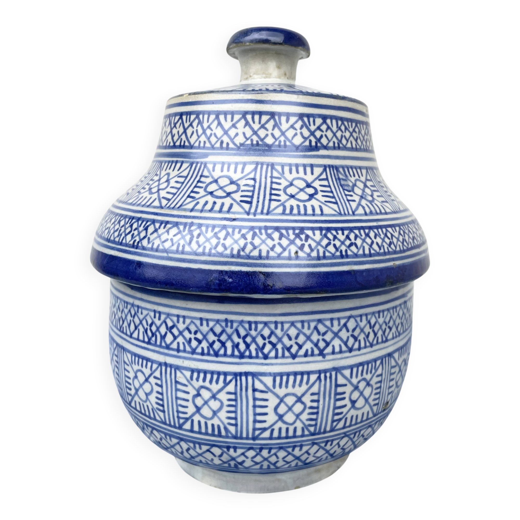 Antique covered butter pot "jobbana" from Morocco, Fes, signed Serghini.