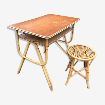 Bureau vintage en rotin et son tabouret en rotin année 60