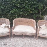 Louis XV style living room sofa and 2 armchairs - canework and carved wood