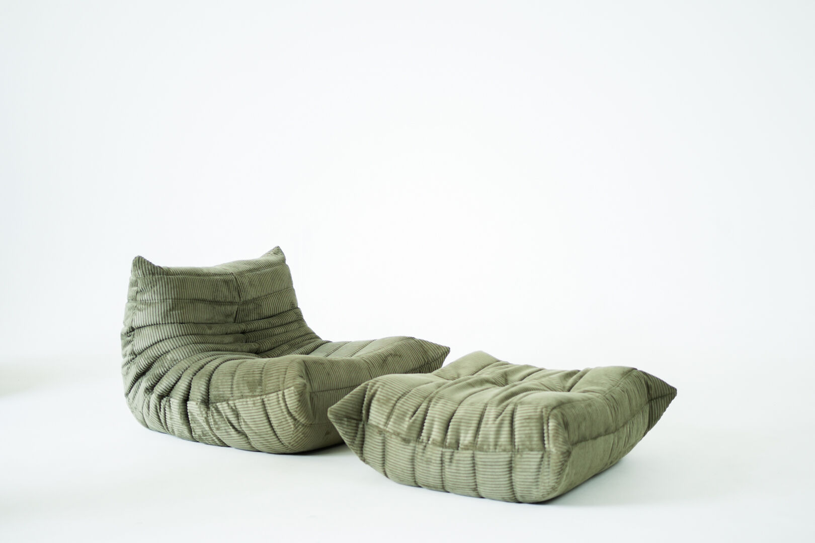 Togo Armchair and Pouf in Khaki wide Corduroy