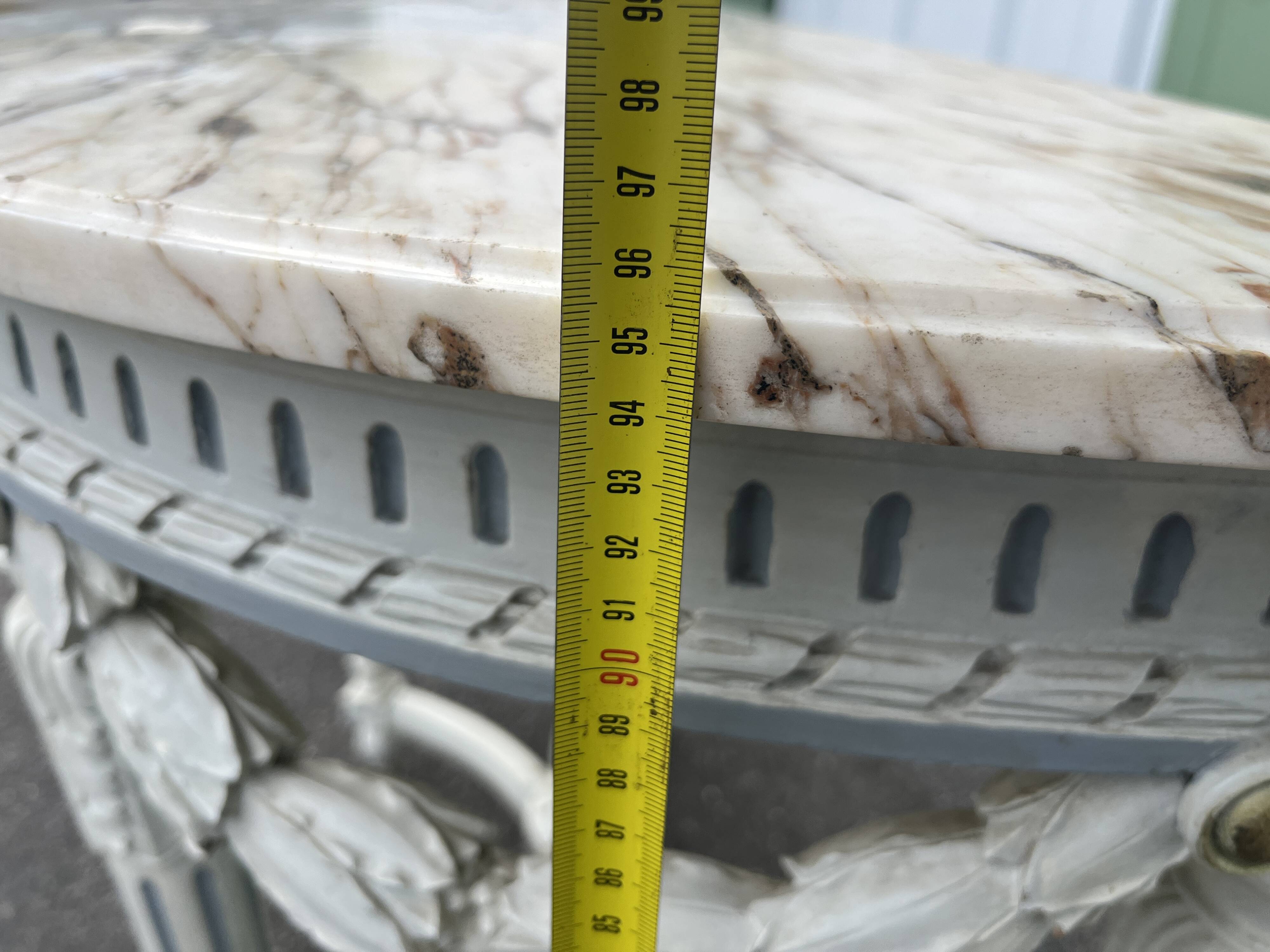 Louis XVI style half-moon console table with carved and painted wood and marble top