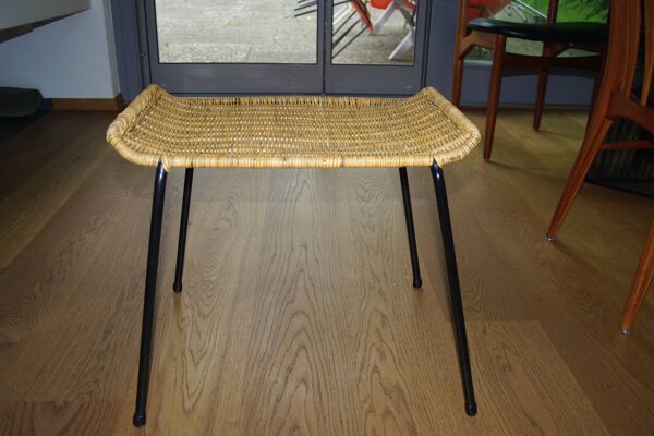 Tabouret basket vintage en acier et osier tressé de franco legler 1950