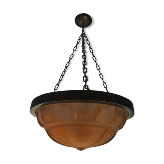 Wrought iron and glass art deco hanging lamp signed Muller Fres Luneville