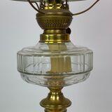 Kerosene lamp of brass with white opaline glass shade and orange glass stem, 1860s