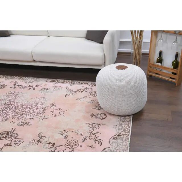 Tapis turc vintage en laine et coton rose noué à la main