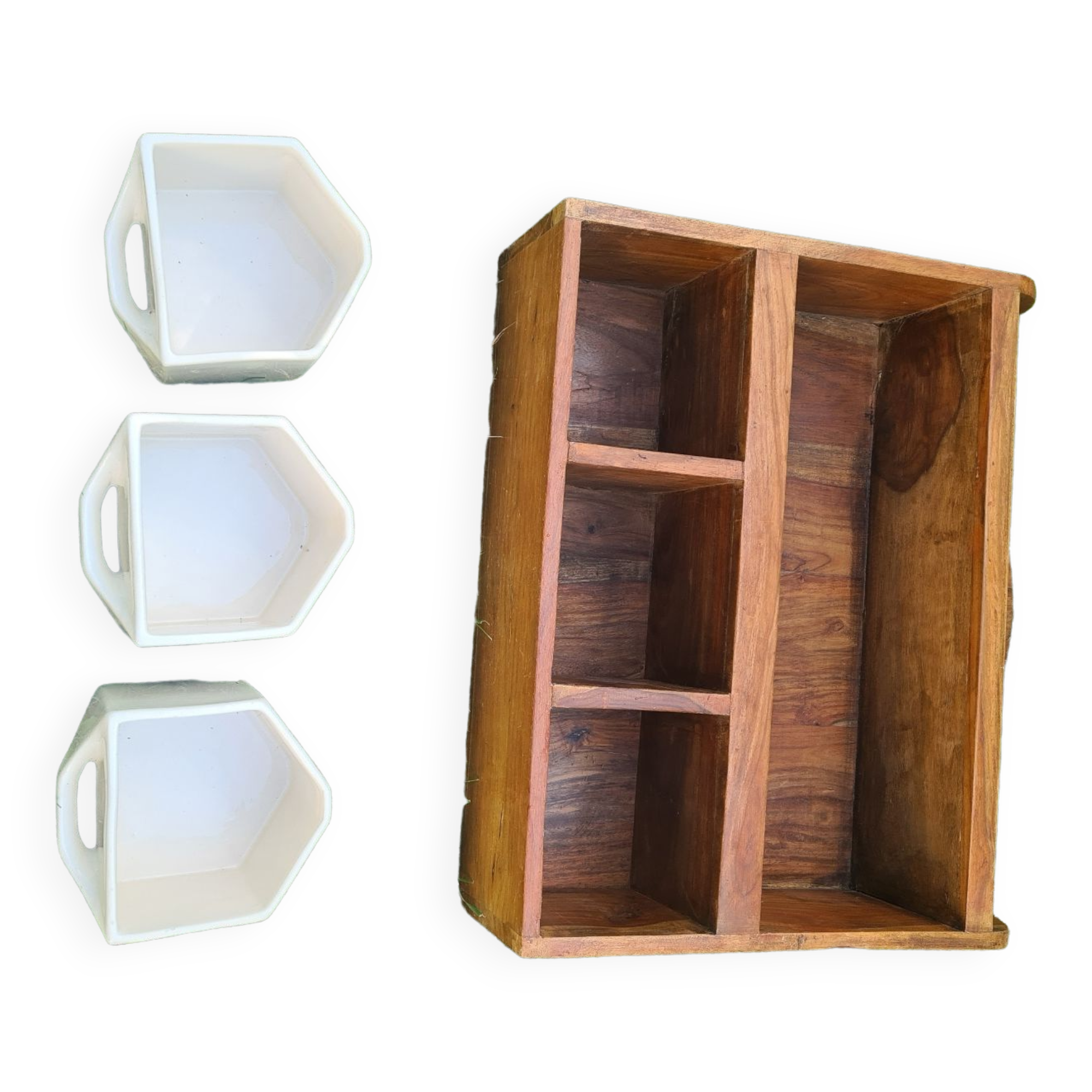 Wooden wall shelf and tiled drawers