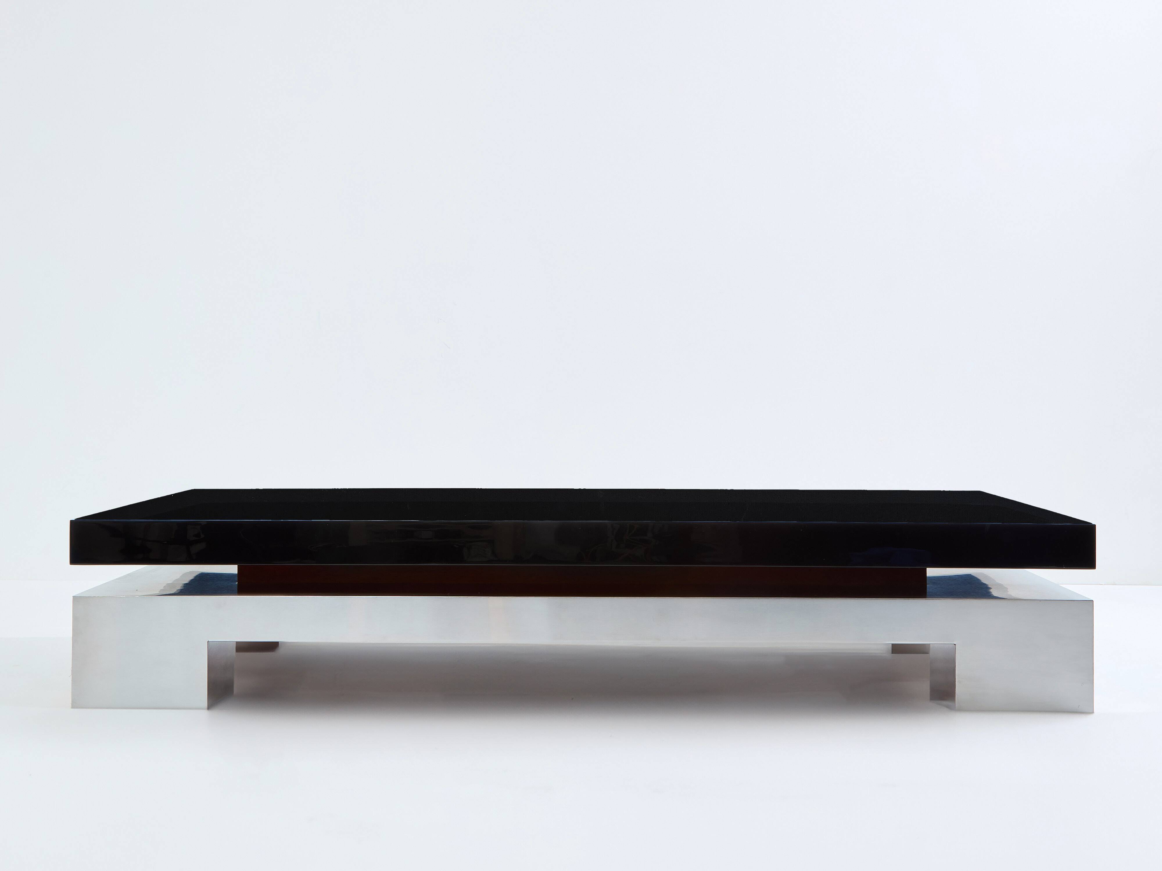 Large black lacquered and steel coffee table Nadine Charteret 1972