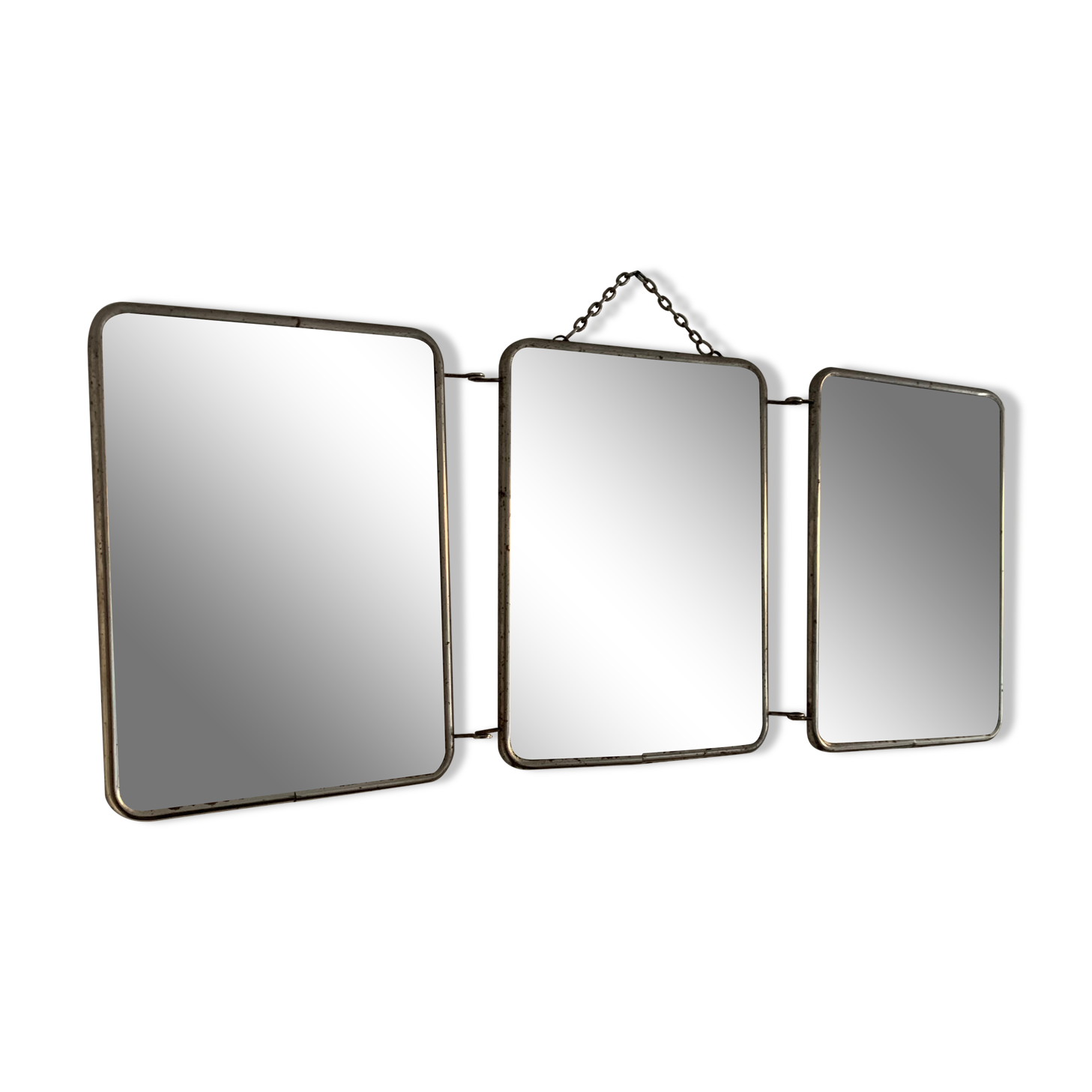 Vintage mirror 1960 triptych barber pink fabric - 21 x 49