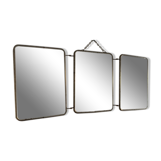 Vintage mirror 1960 triptych barber pink fabric - 21 x 49