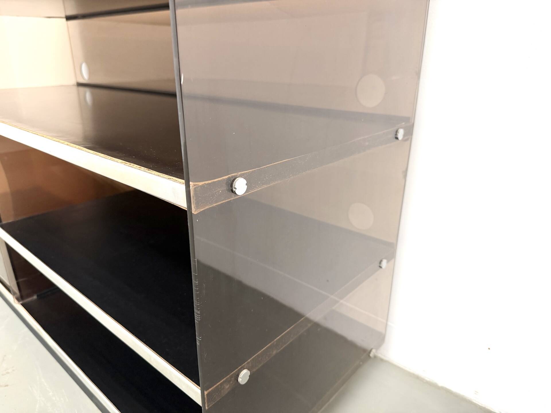 Hi-Fi furniture in smoked plexiglass and aluminium, Eric Maville