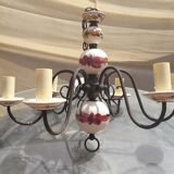 Wrought iron chandelier and painted earthenware, 6 branches