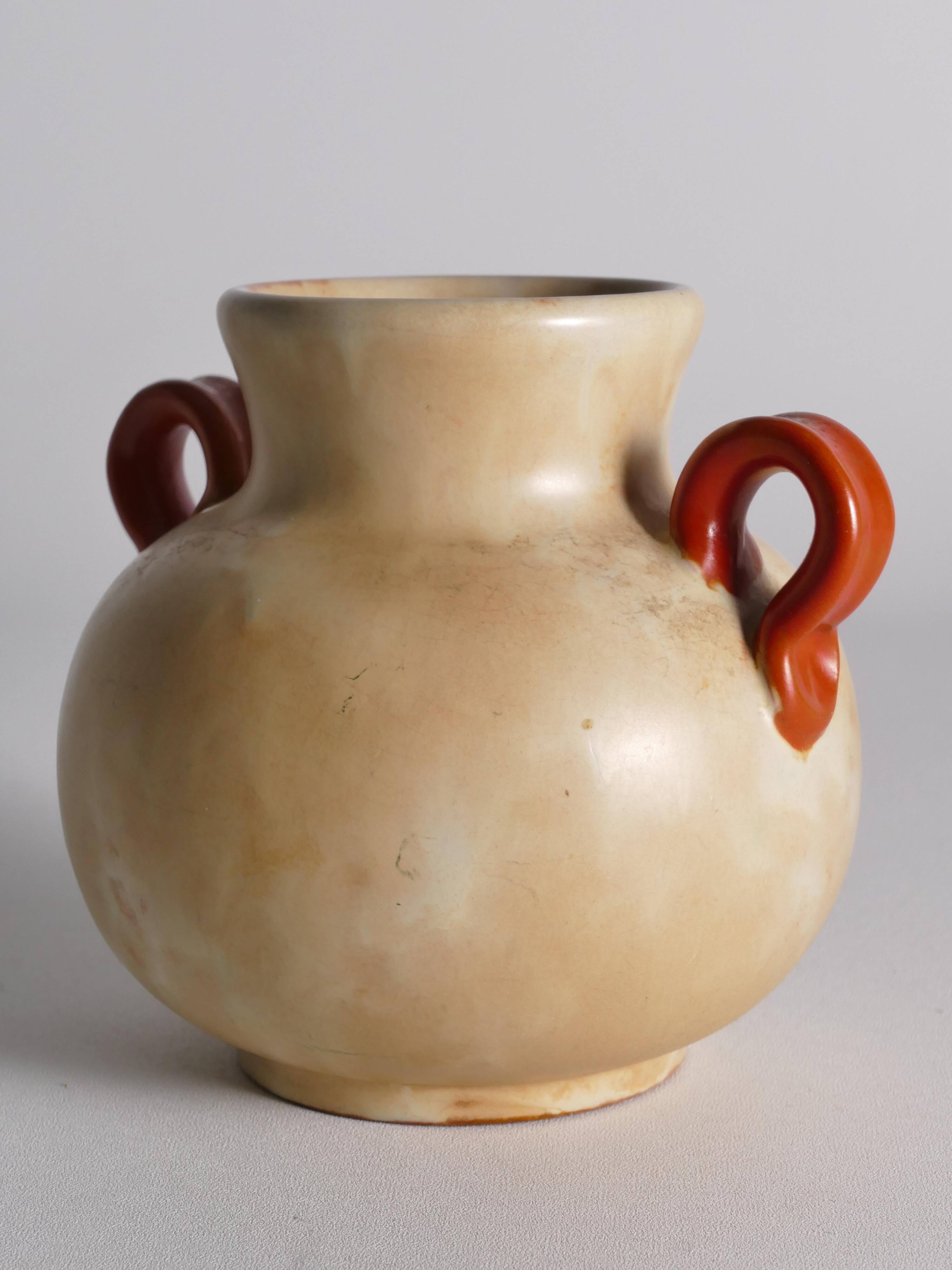 Art Deco Ceramic Beige Vase with Red Handles by Anna-Lisa Thomson, Upsala Ekeby