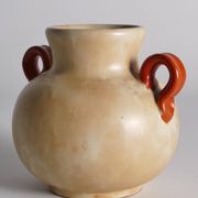 Art Deco Ceramic Beige Vase with Red Handles by Anna-Lisa Thomson, Upsala Ekeby