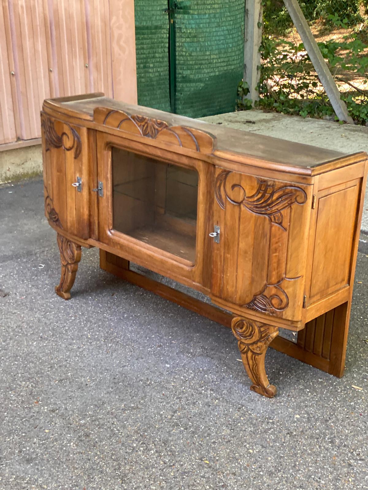 Art Deco sideboard top, low display cabinet in solid wood and mirror from the 1940s.
