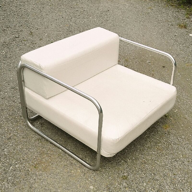 Chrome-designed chair and faux white leather 1970