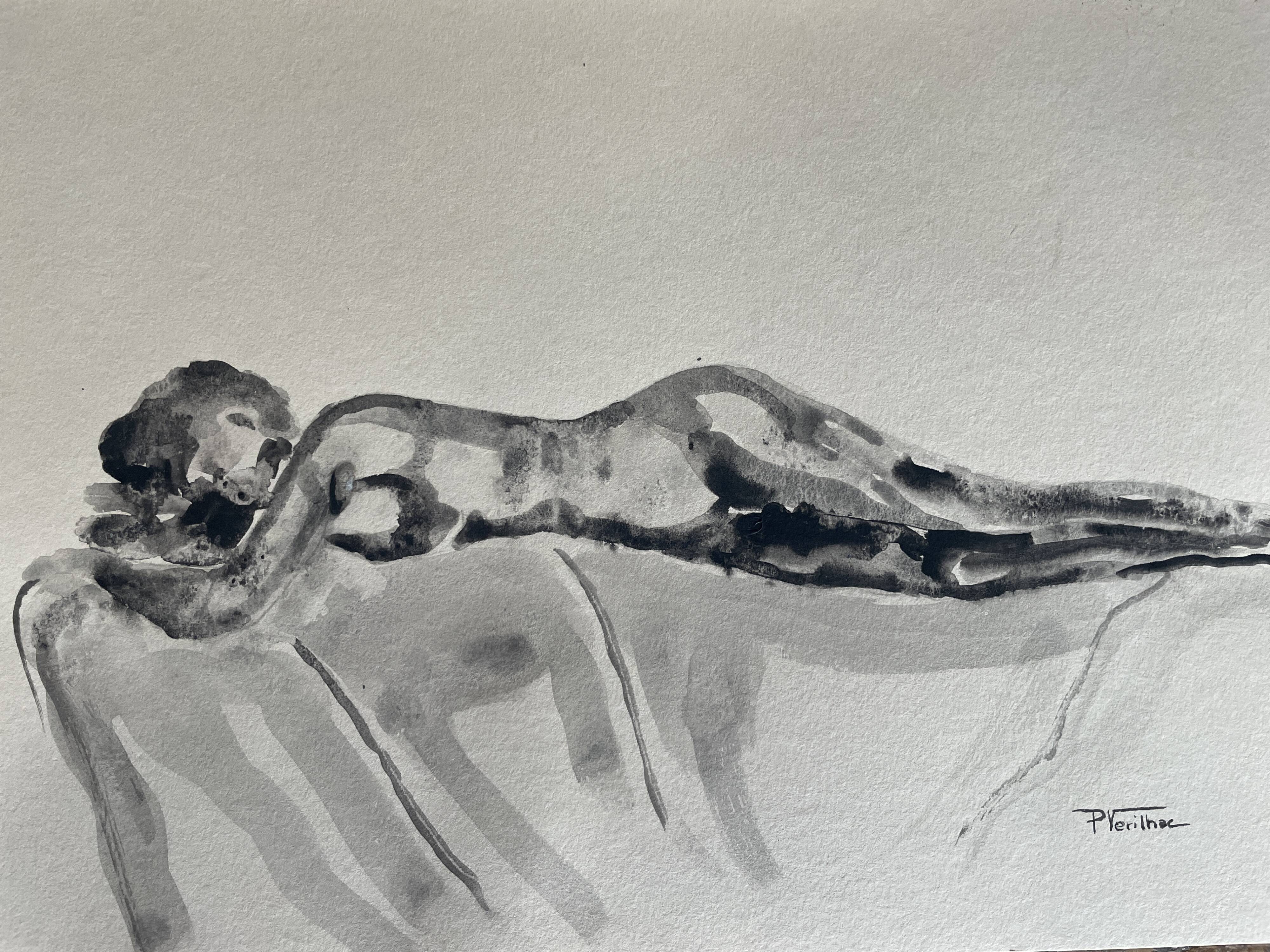 Black monochrome watercolor of a reclining woman signed