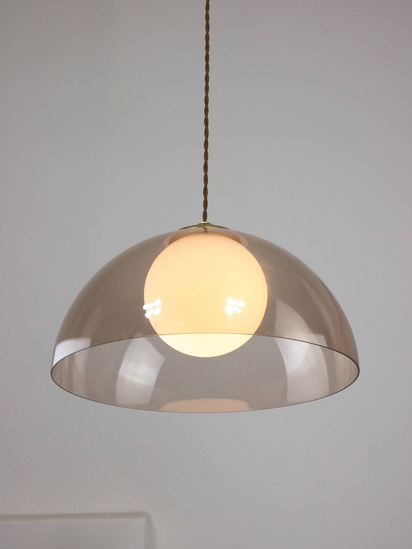 Space-age italian brass, opaline and plexiglass pendant lamp