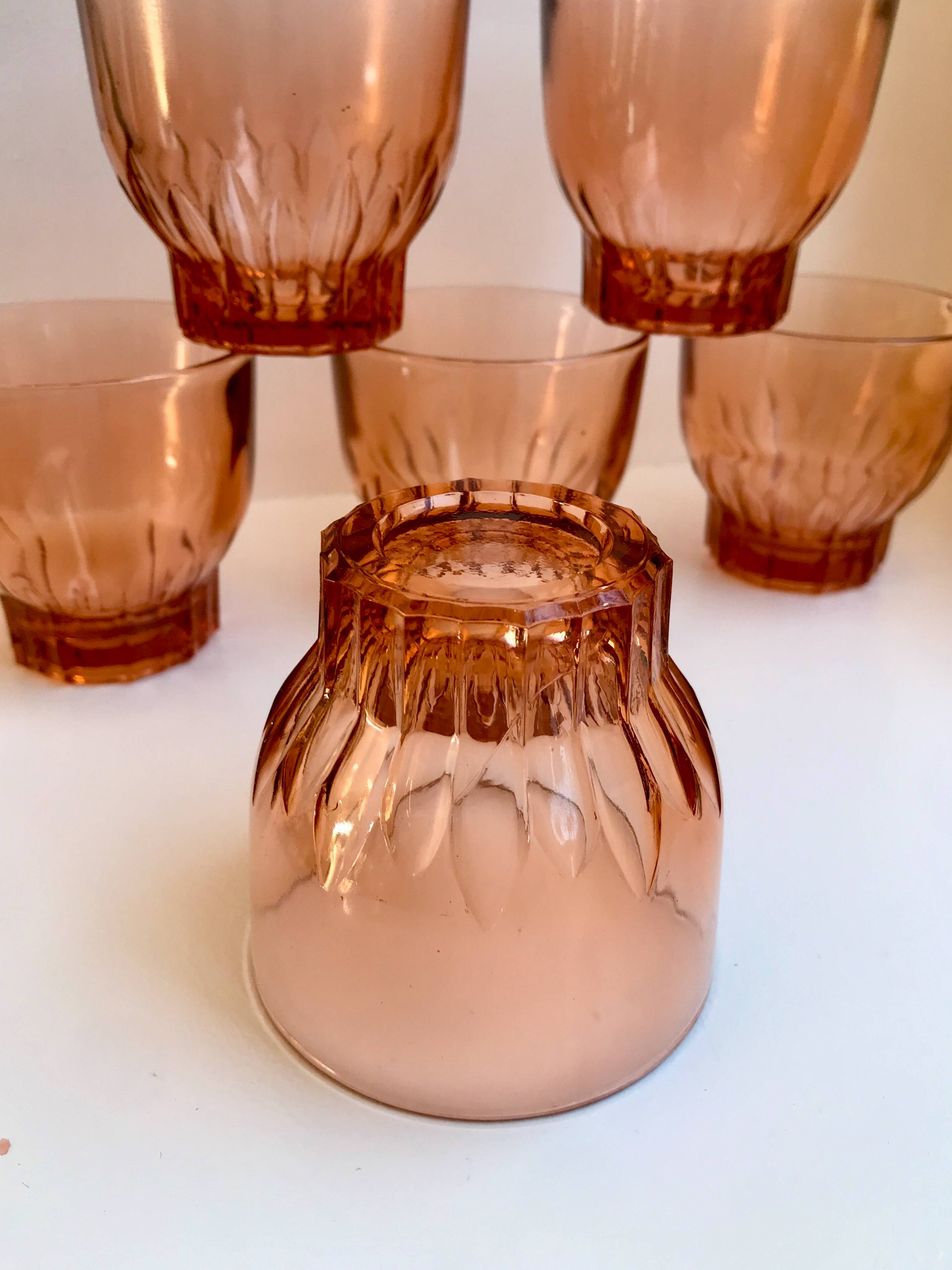 Set of 6 large pink glass water glasses from the 60s