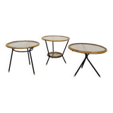 Mid-Century Set of Three Round Rattan and Glass Side Tables, 1960s