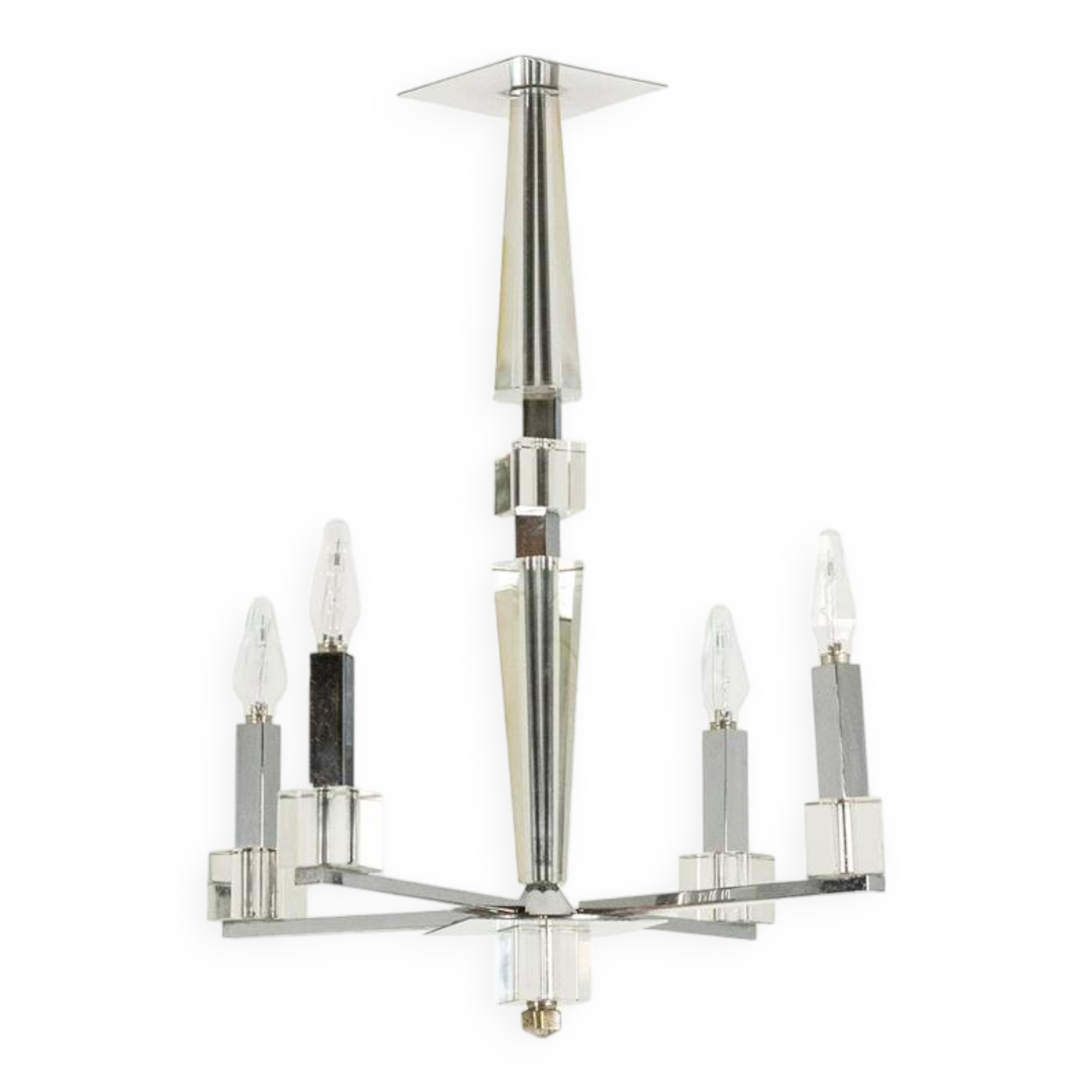 Jacques Adnet. Modernist chandelier in chromed metal. Circa 1940.