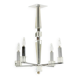 Jacques Adnet. Modernist chandelier in chromed metal. Circa 1940.