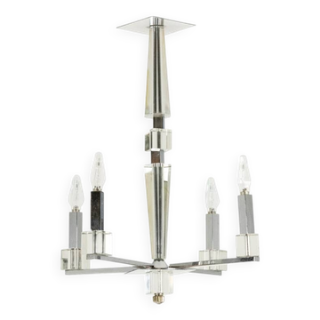 Jacques Adnet. Modernist chandelier in chromed metal. Circa 1940.