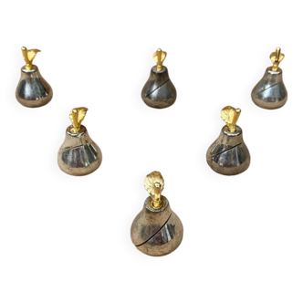Set of 6 vintage chrome & gold metal pear shaped place cards