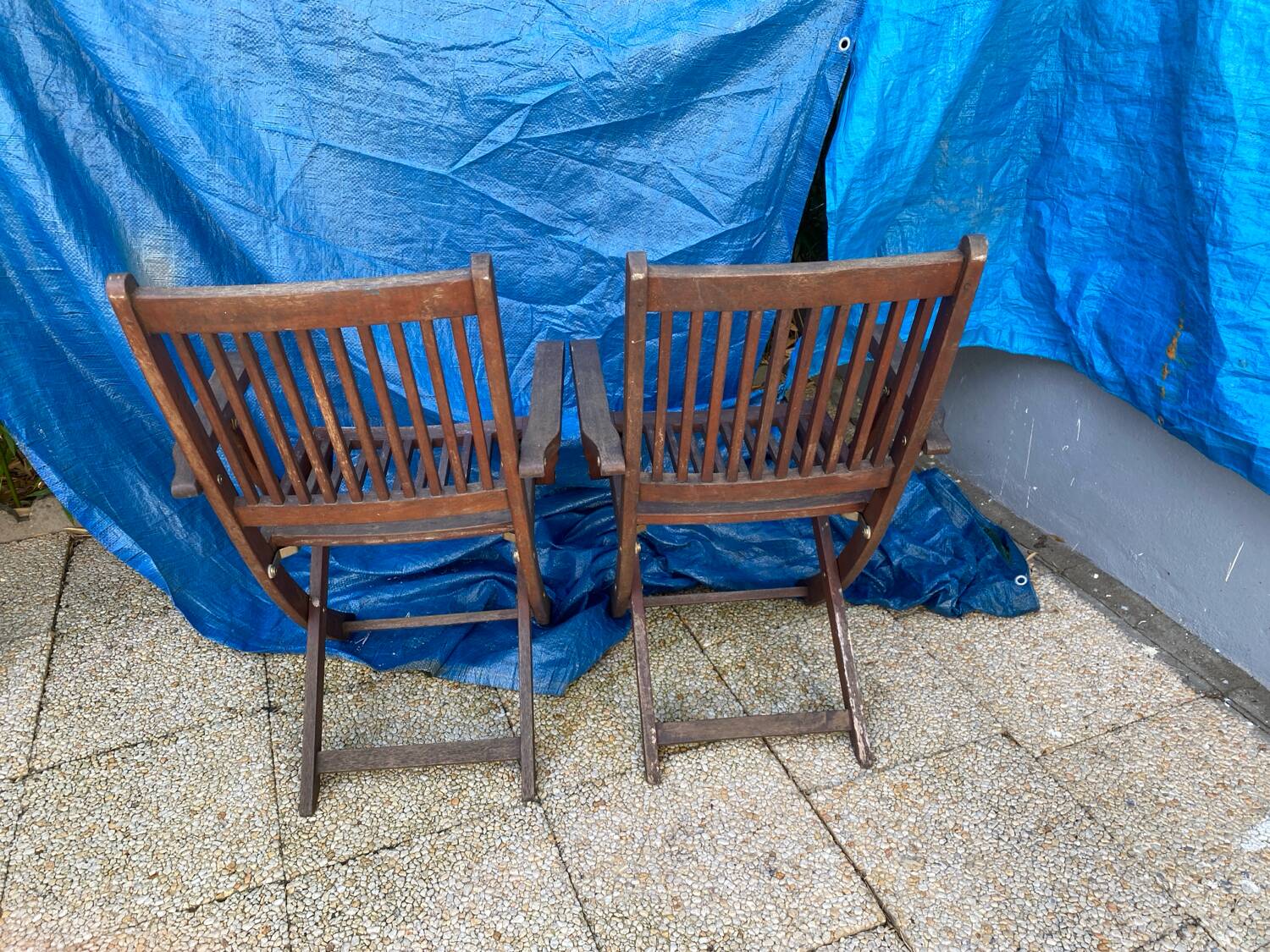 Set of 4 folding chairs/armchairs with armrests in exotic wood