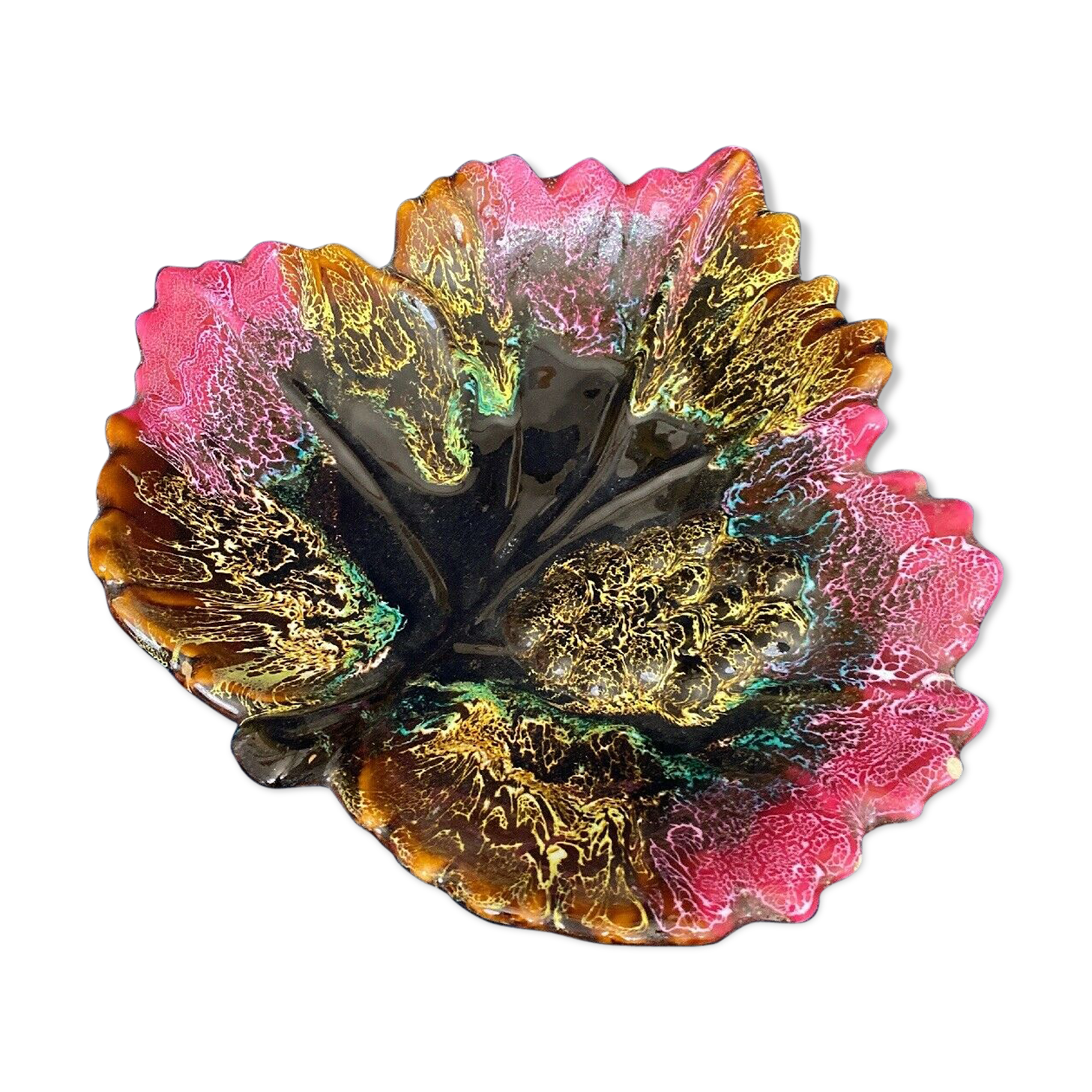 Ceramic leaf-shaped dish by vintage old Vallauris