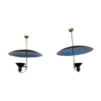 Pair of Italian hanging lamps in metal and brass 1960