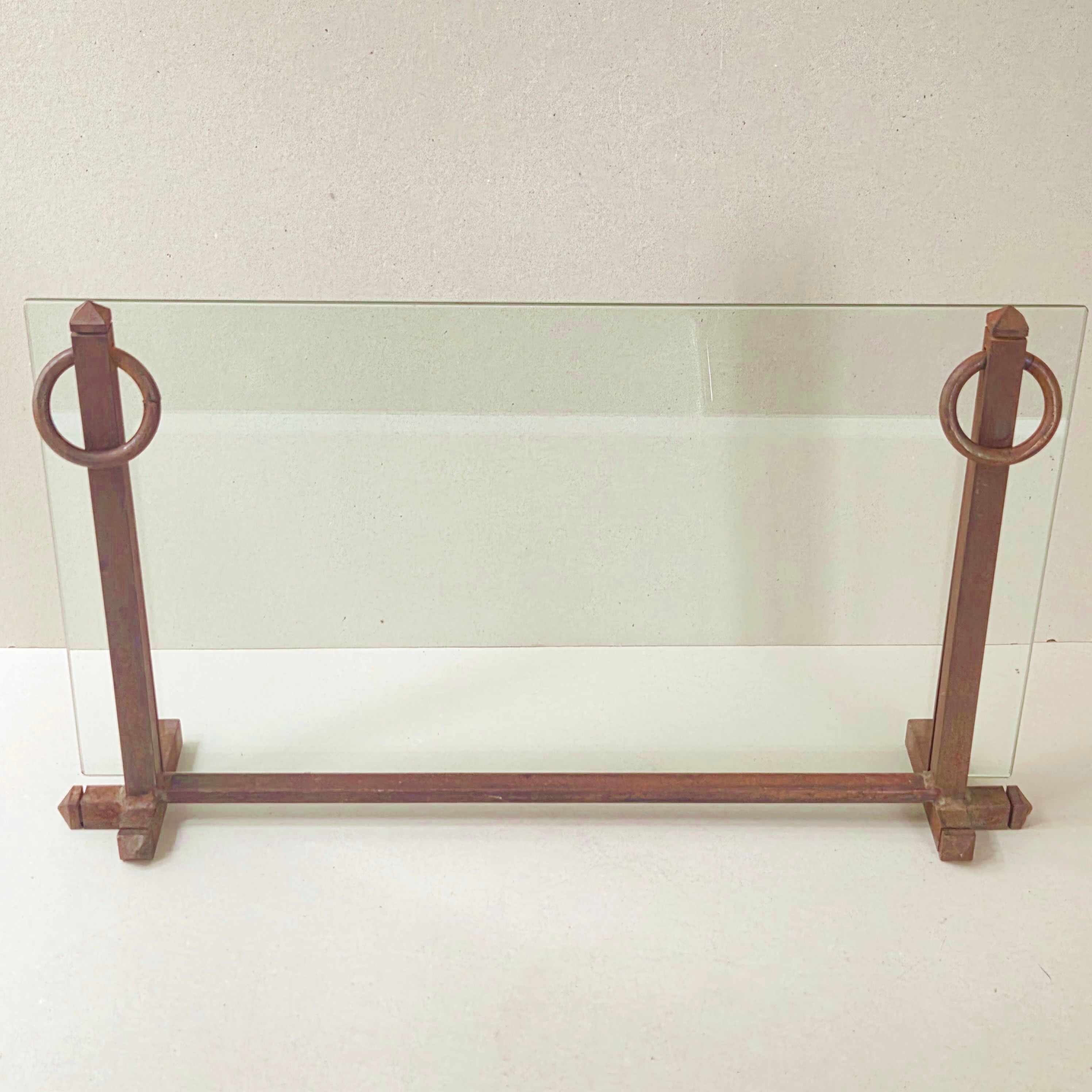 Vintage modernist fireplace screen 1970 in metal & safety glass 70s 1970s
