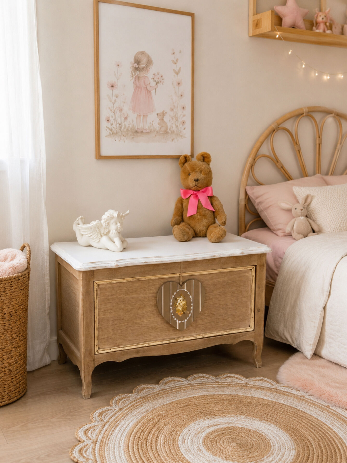 Very nice vintage heart toy chest in L. Ashley removable style.