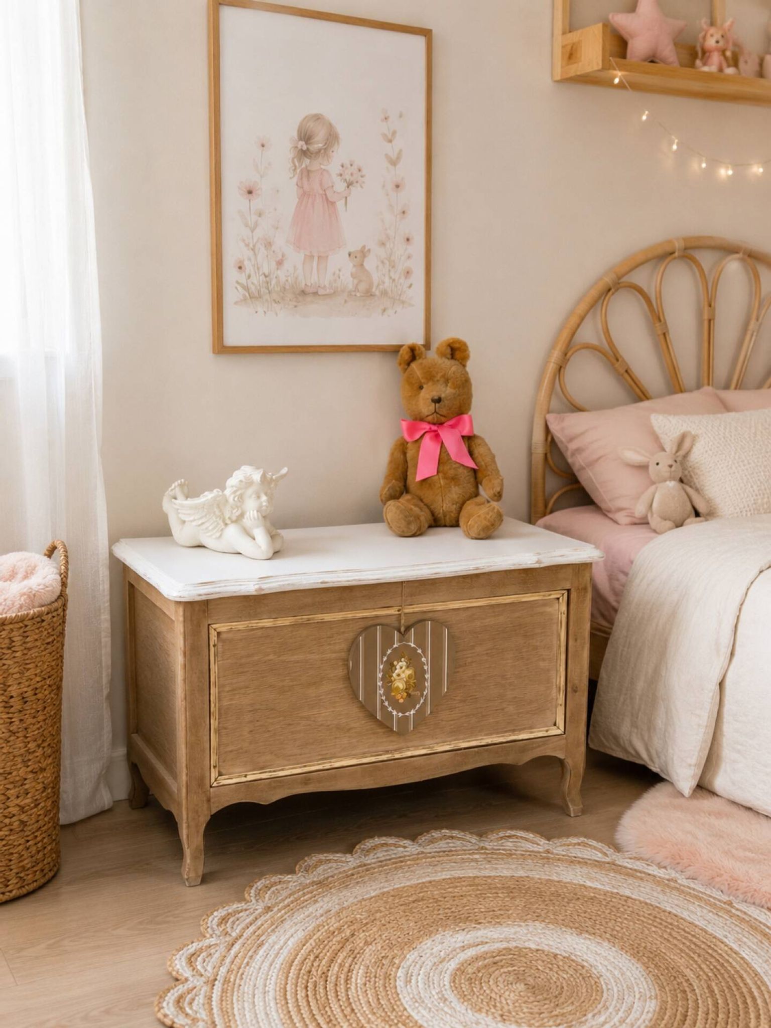 Very nice vintage heart toy chest in L. Ashley removable style.