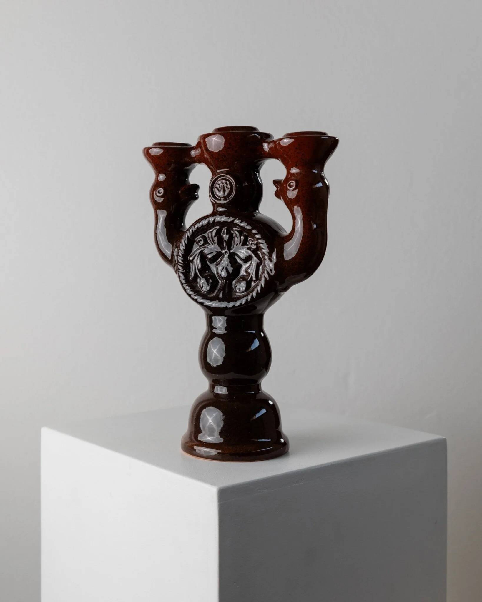 Large brown glazed ceramic candle holder for 3 candles - Brutalist mid-century Estonian design, 1960s