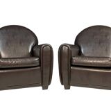Pair of leather armchairs in French Art Deco style, 1970s
