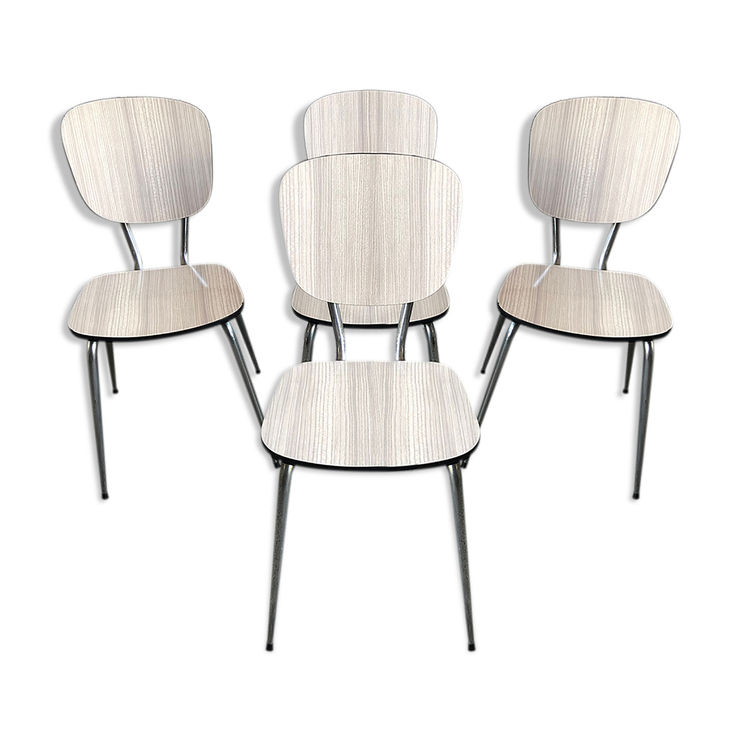 Series of 4 old formica chairs white grey + feet compass metal chrome 70's