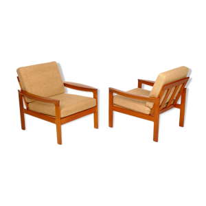 deux fauteuils en teck confort tissu laine vintage années 60