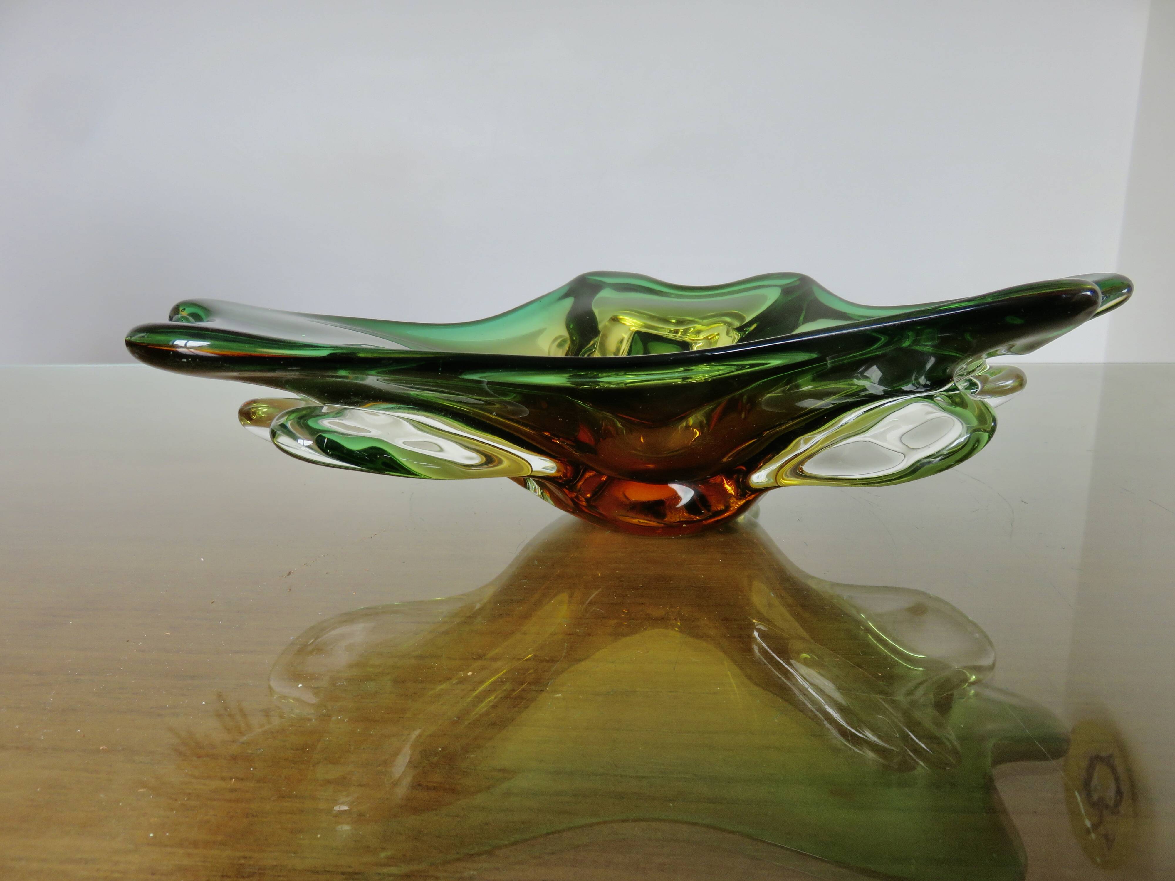 Vide poche en verre de Murano vert, ambre et transparent, années 60 70