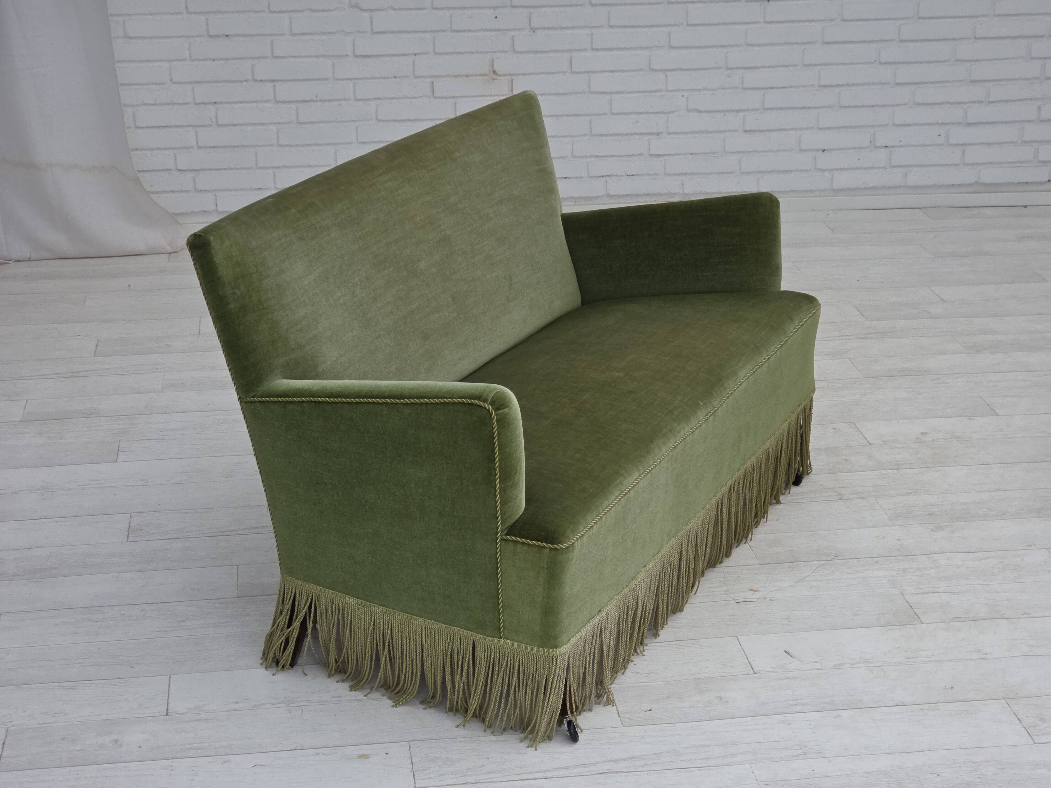 1970s, Danish 2-seater sofa, green furniture velour, beech wood legs.