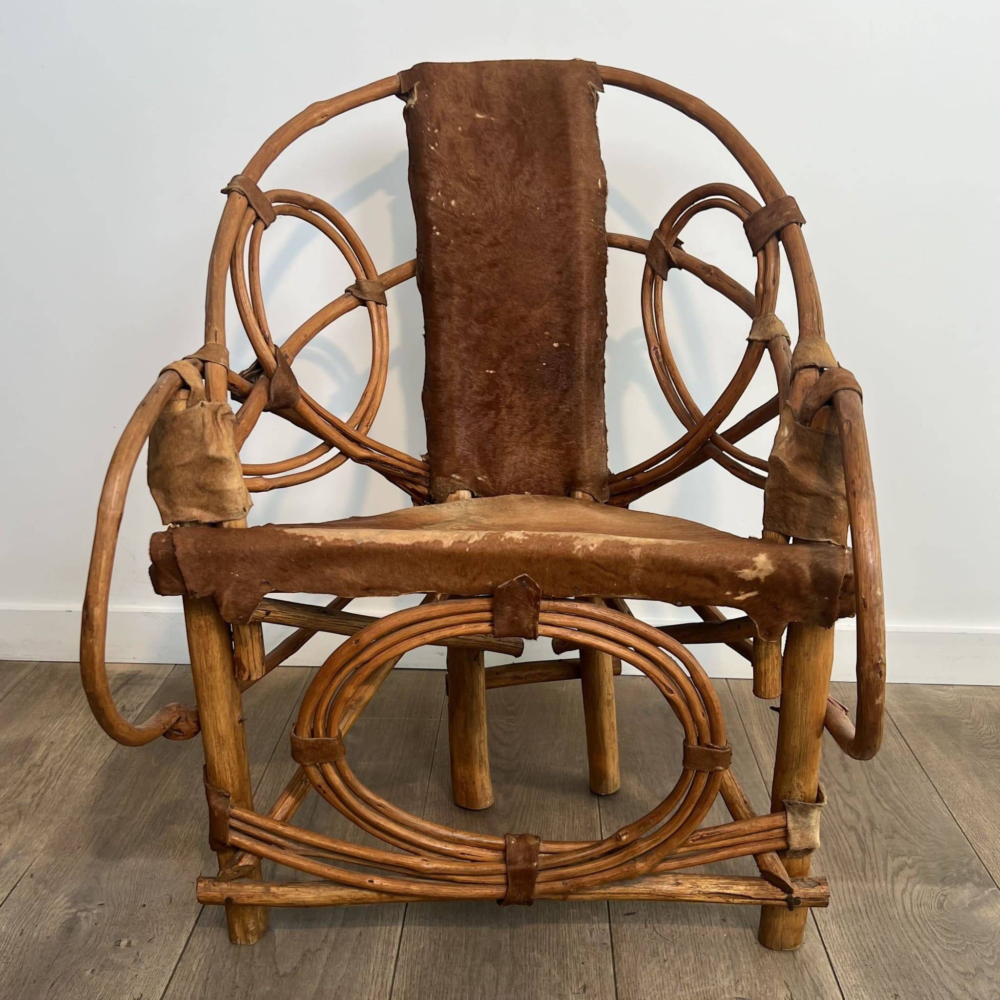 Organic Modernist Armchair in Rattan and Cowhide, Italian Work, A