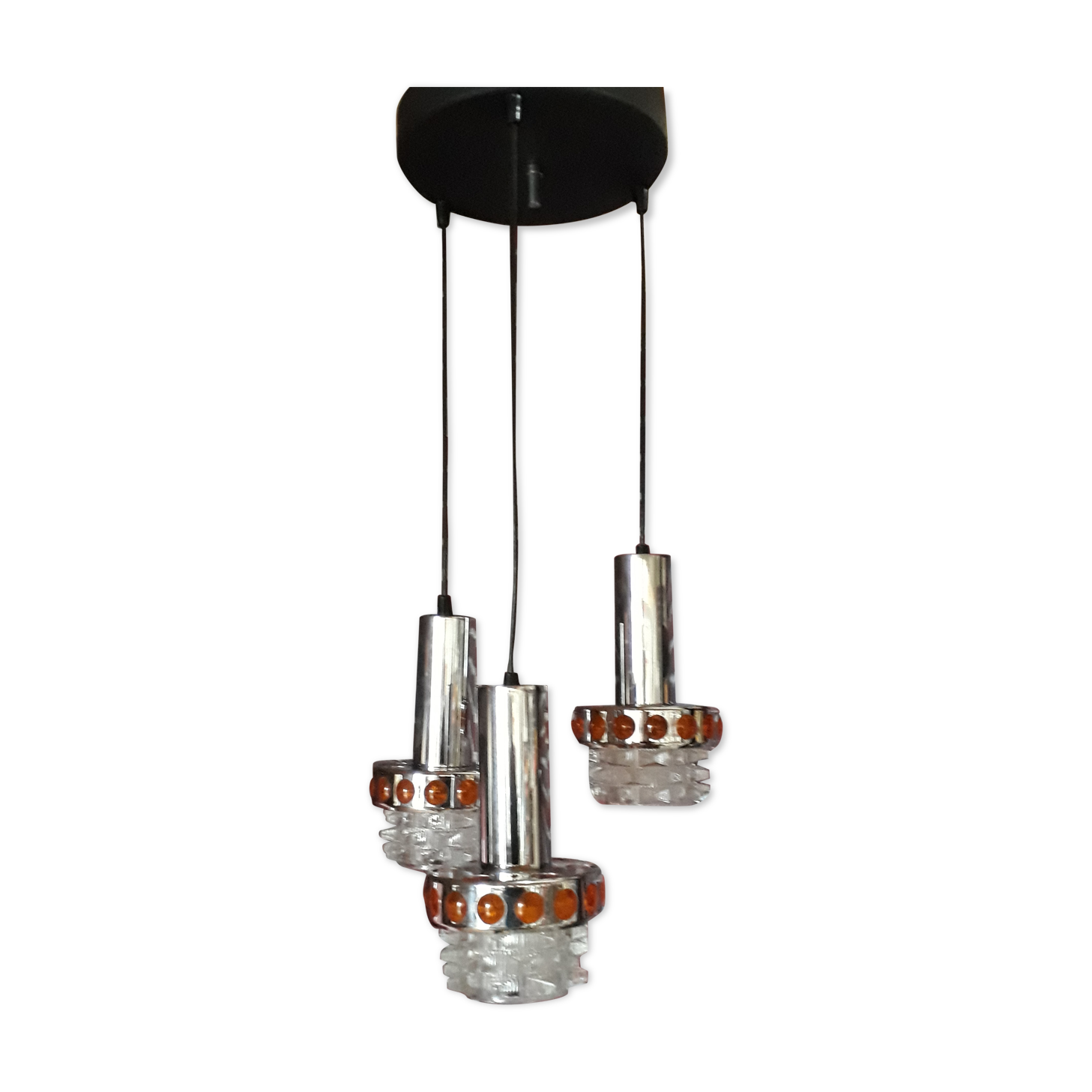 Hanging 3 lamps Raak - Holland, 1970. Space age style. In chrome, orange plexi glass. Very good condition