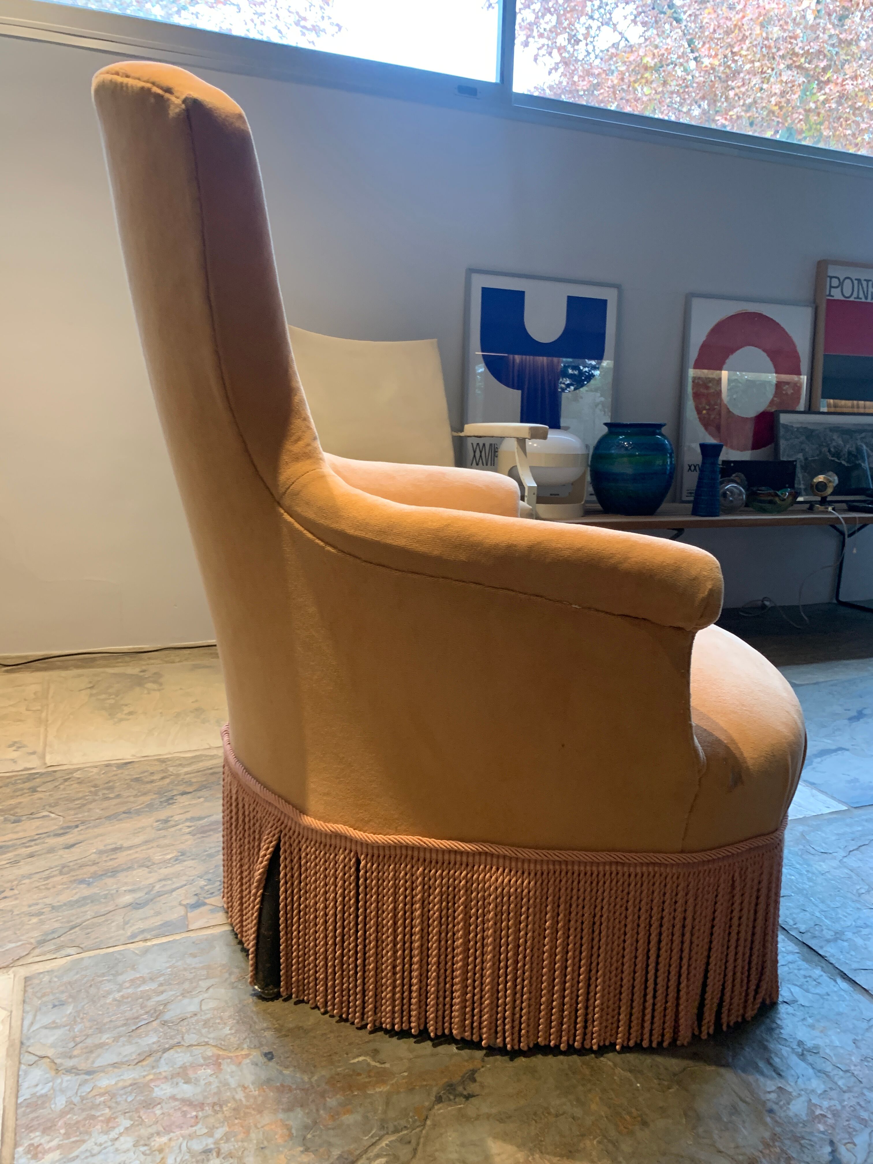 Yellow velvet toad armchair and pink trim