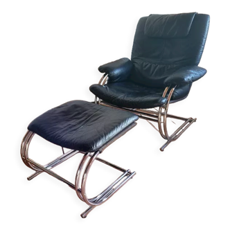 Lounge armchair tubular structure chrome and leather + ottoman