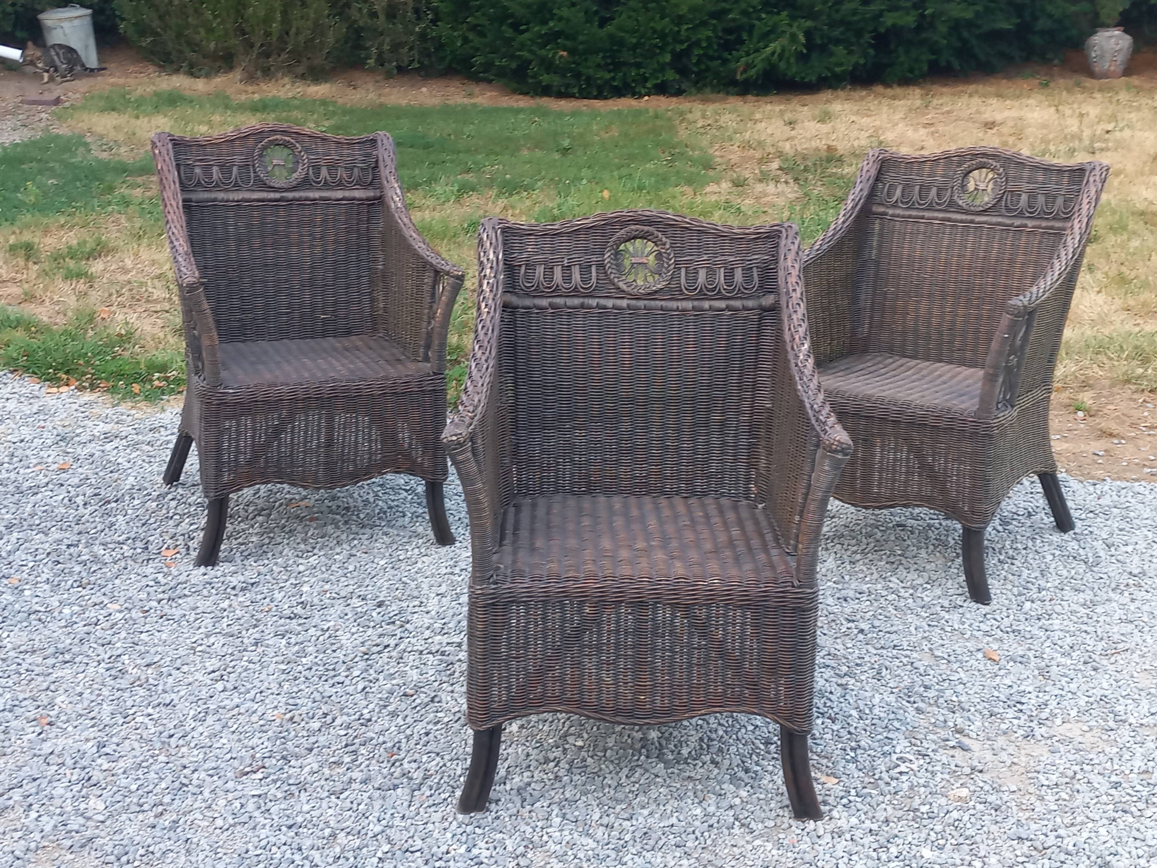 Set de 3 fauteuils en rotin des années 70