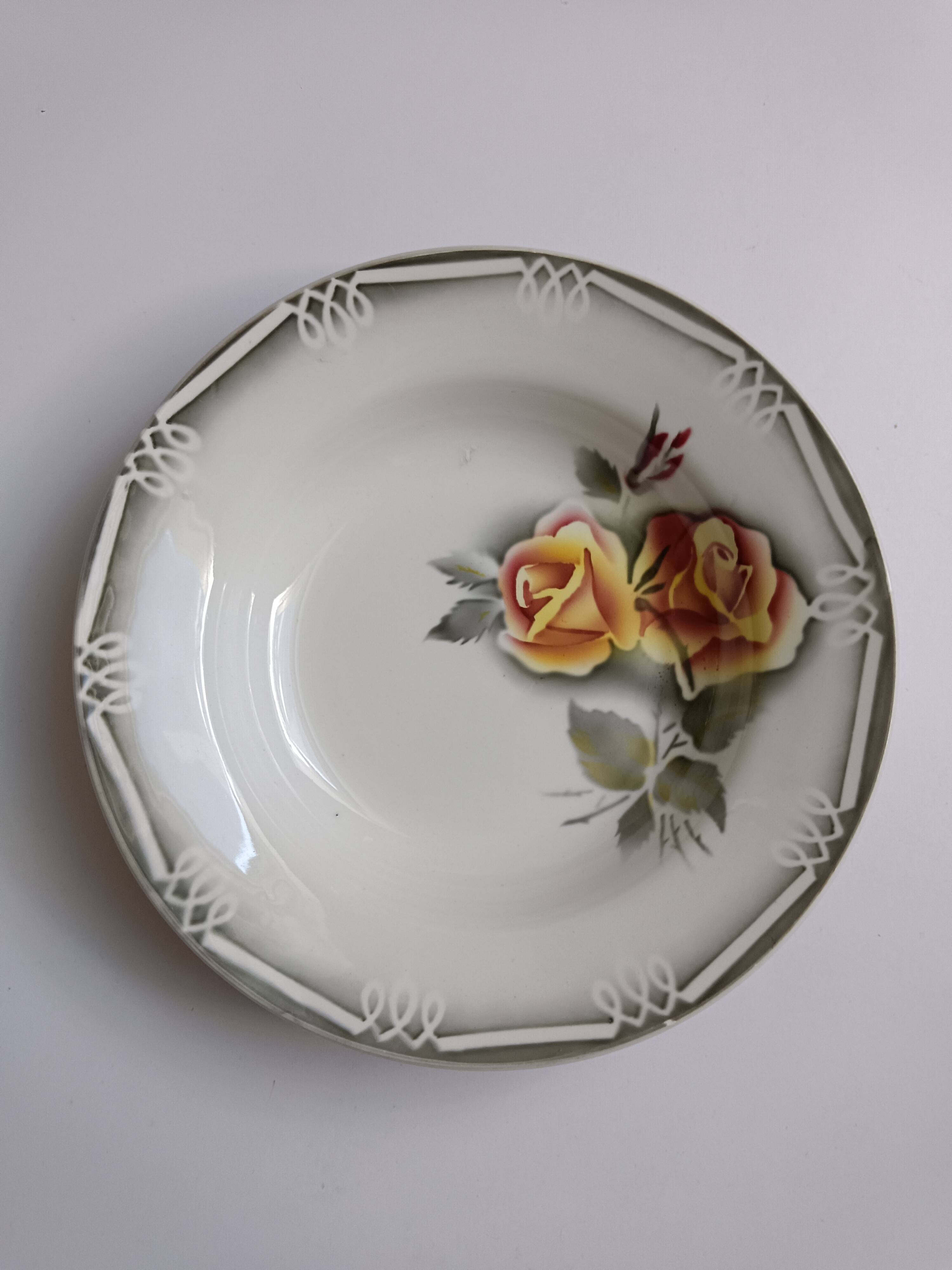 3 assiettes Digoin Sarreguemines Adèle gris jaune et bordeaux